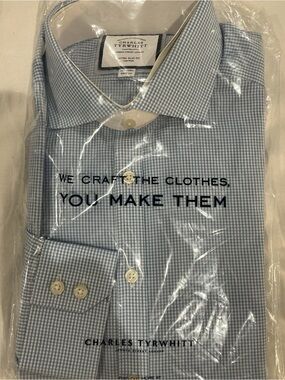 Charles Tyrwhitt Light Blue Micro-Check Dress Shirt 15.5/34 Extra Slim Fit NWT